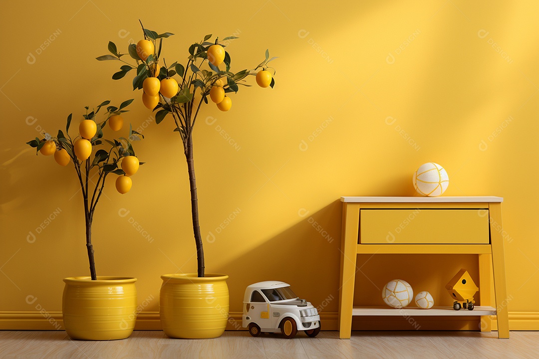 Interior minimalista moderno com brinquedos em um fundo amarelo