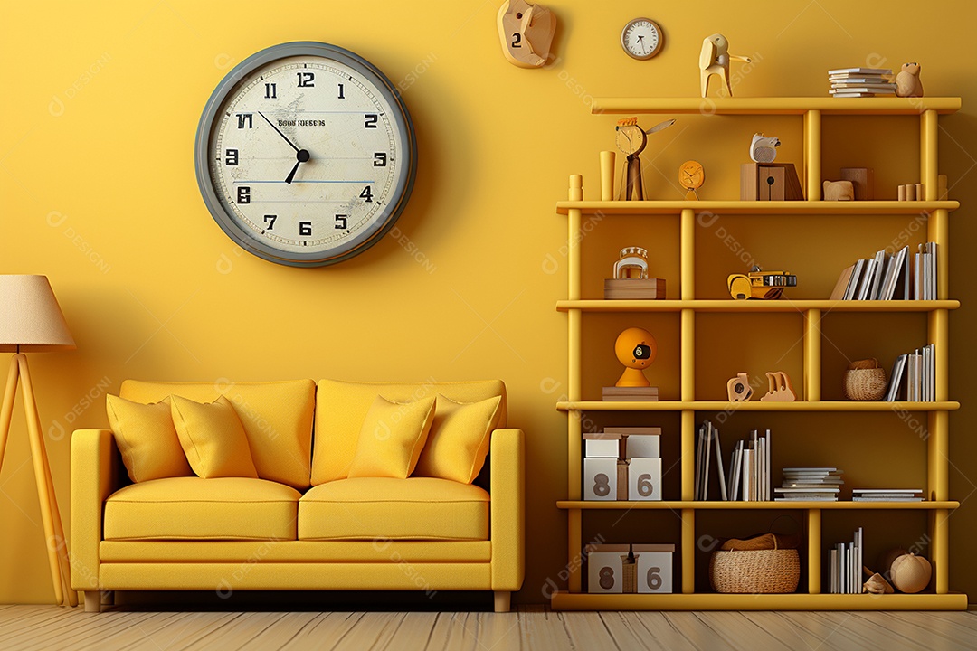 Interior minimalista moderno com brinquedos em um fundo amarelo