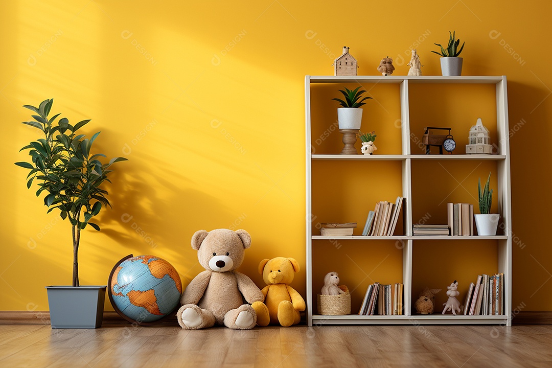Interior minimalista moderno com brinquedos em um fundo amarelo