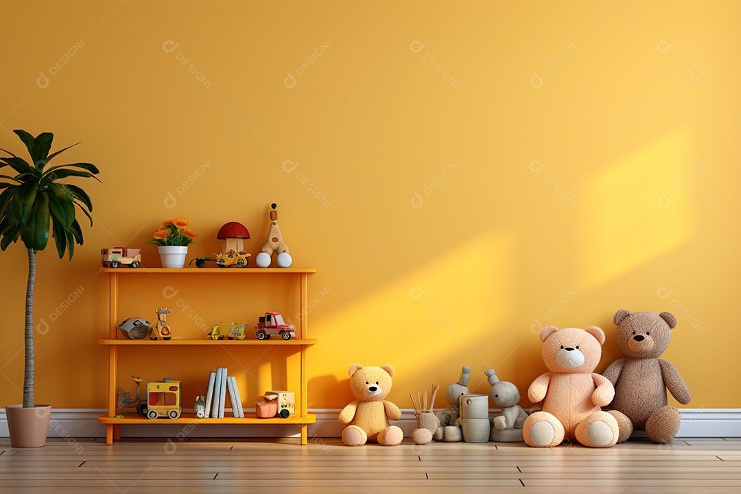 Interior minimalista moderno com brinquedos em um fundo amarelo