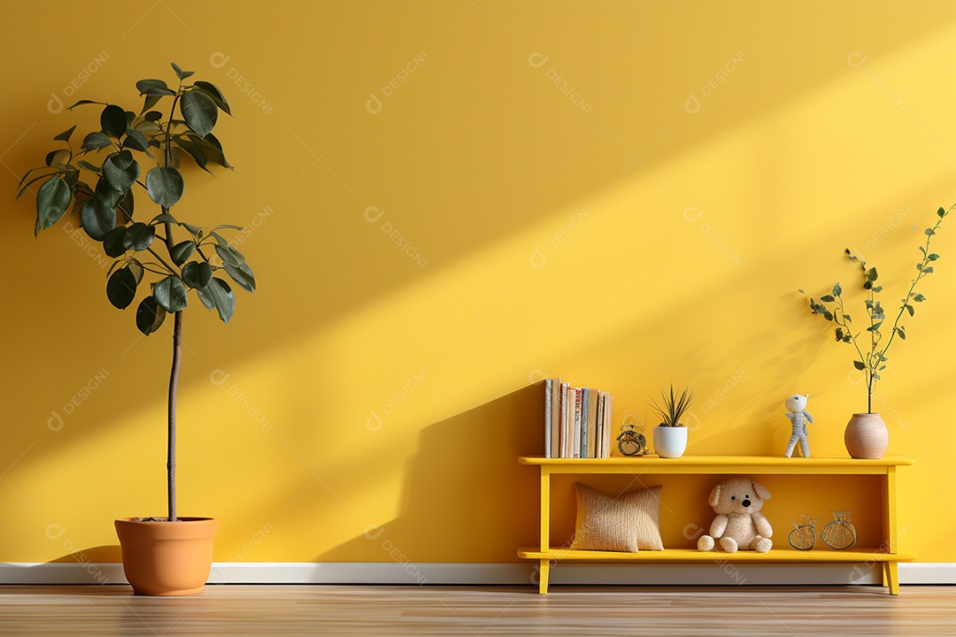 Interior minimalista moderno com brinquedos em um fundo amarelo