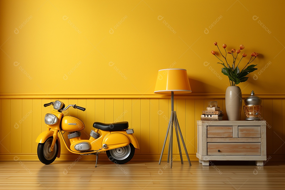 Interior minimalista moderno com brinquedos em um fundo amarelo