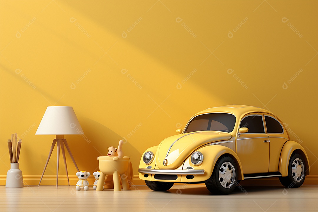 Interior minimalista moderno com brinquedos em um fundo amarelo