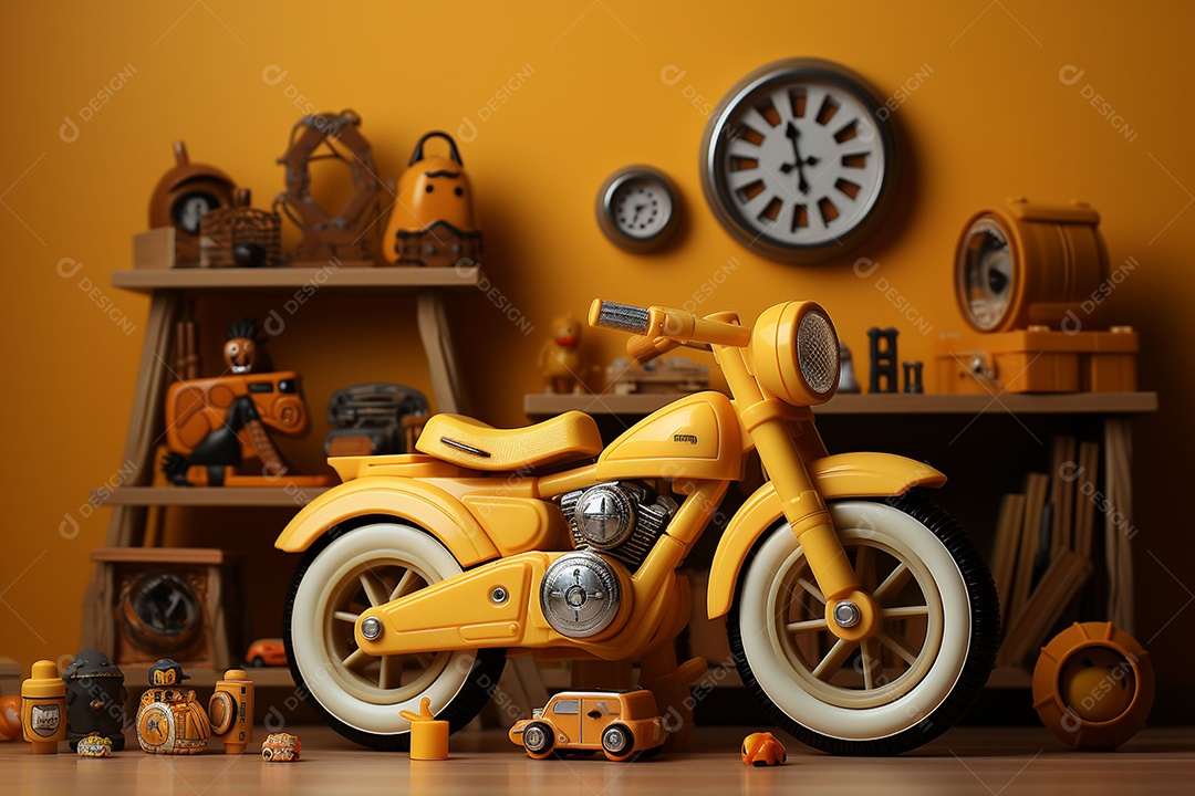 Interior minimalista moderno com brinquedos em um fundo amarelo