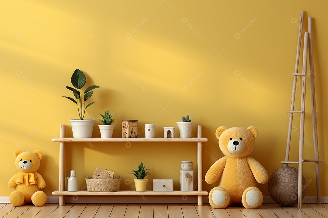 Interior minimalista moderno com brinquedos em um fundo amarelo