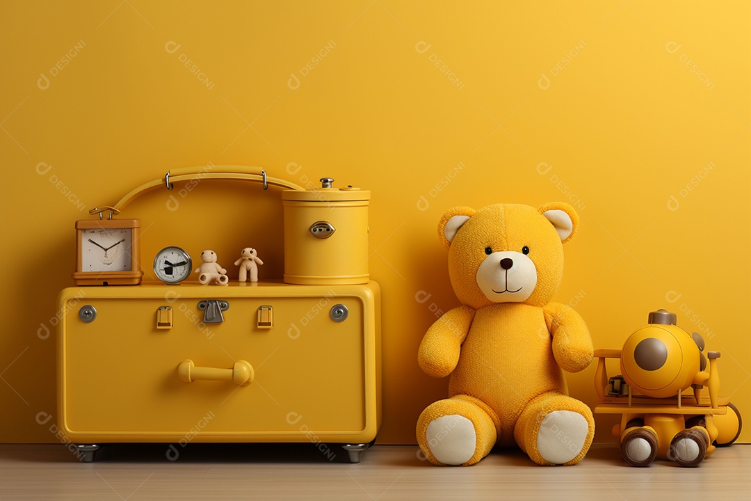 Interior minimalista moderno com brinquedos em um fundo amarelo