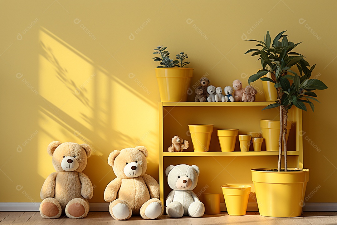 Interior minimalista moderno com brinquedos em um fundo amarelo