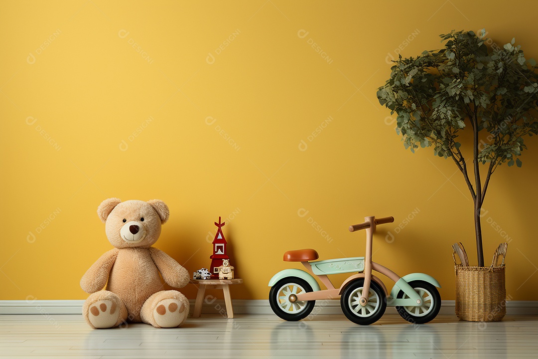 Interior minimalista moderno com brinquedos em um fundo amarelo