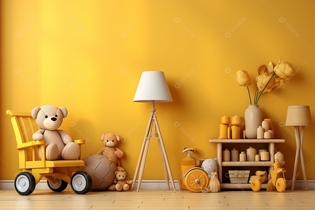 Interior minimalista moderno com brinquedos em um fundo amarelo
