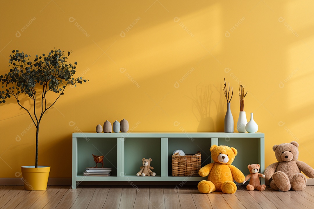 Interior minimalista moderno com brinquedos em um fundo amarelo