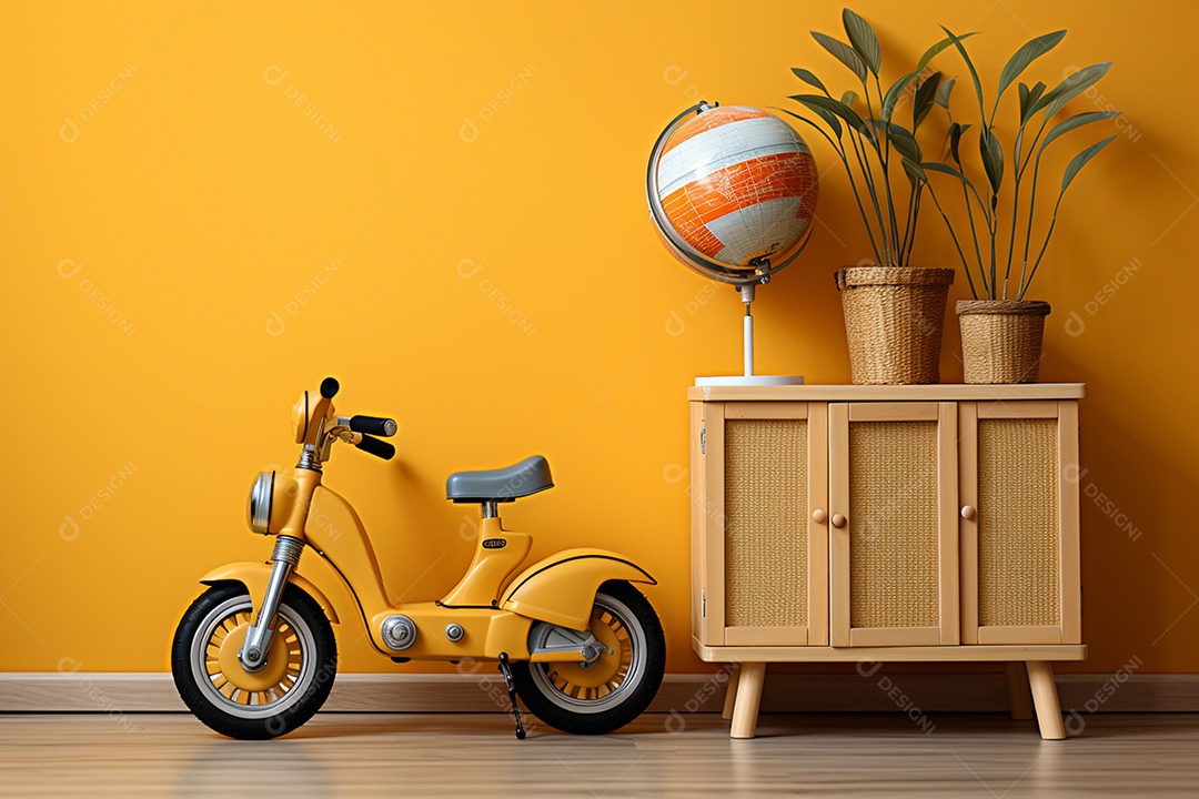 Interior minimalista moderno com brinquedos em um fundo amarelo