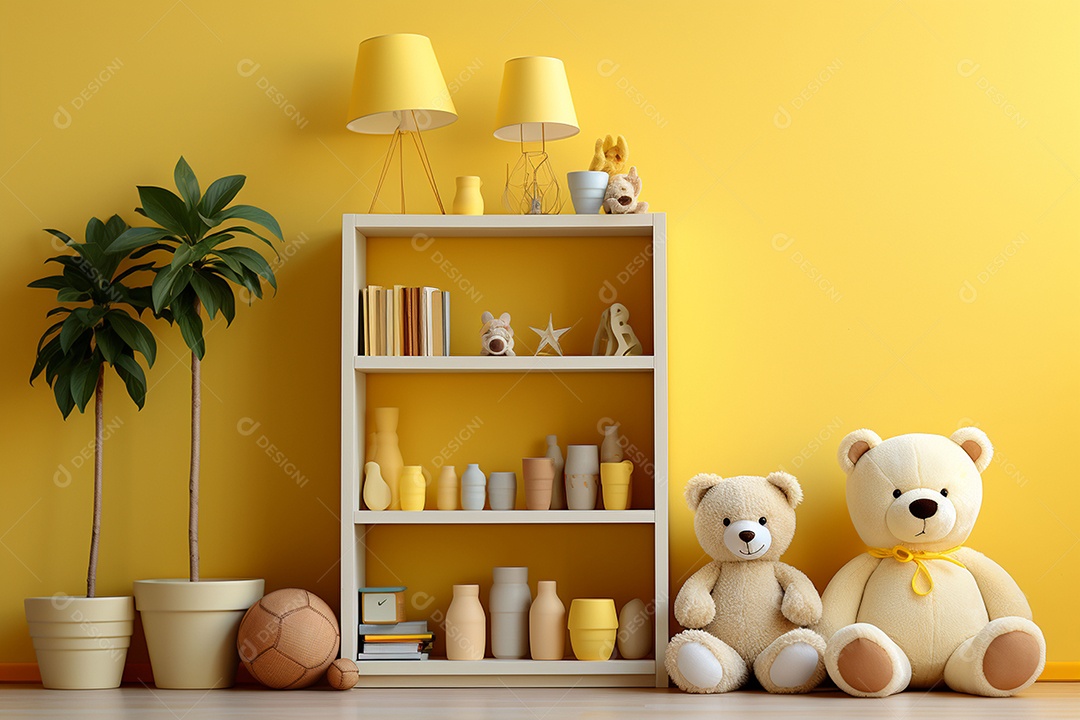 Interior minimalista moderno com brinquedos em um fundo amarelo