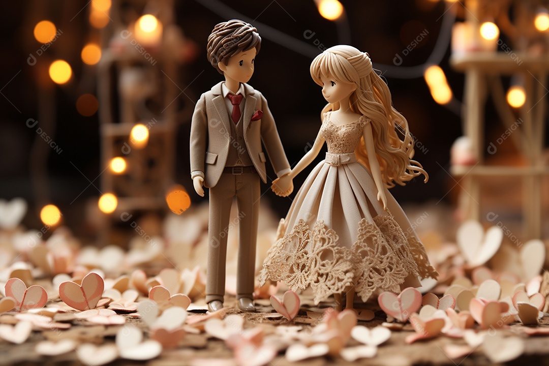 Casal de noivos em pé em miniatura