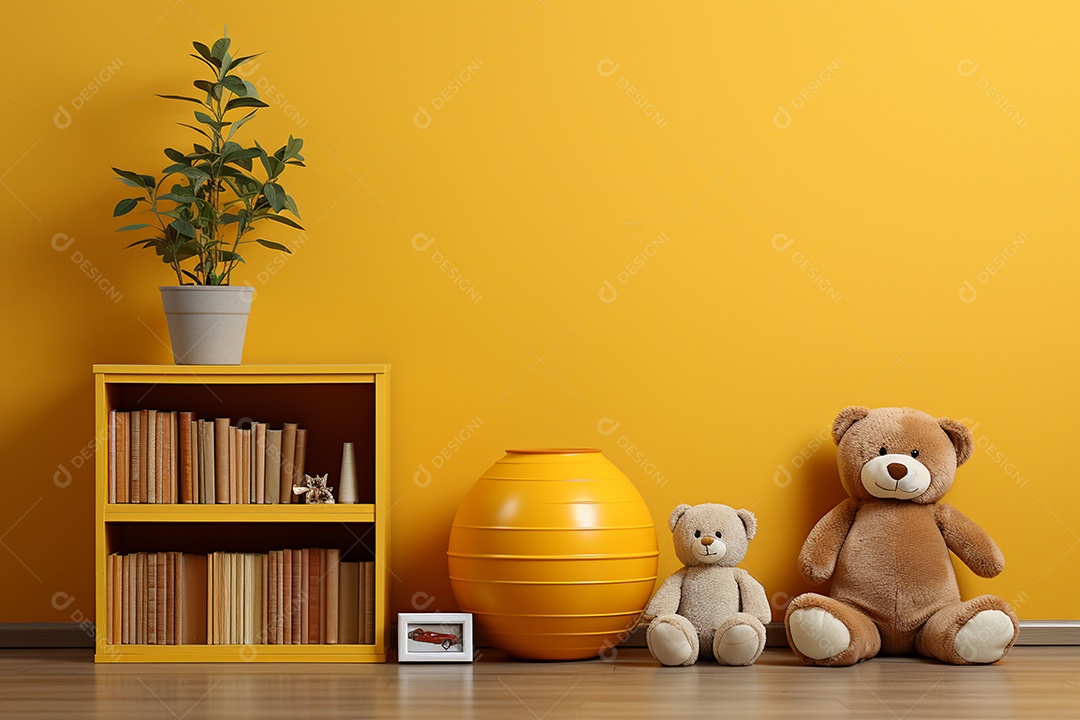 Interior minimalista moderno com brinquedos em um fundo amarelo