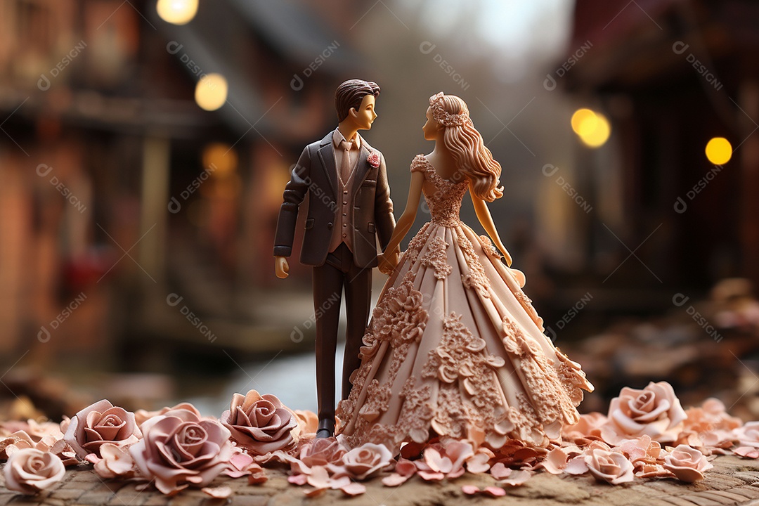 Casal de noivos em pé em miniatura