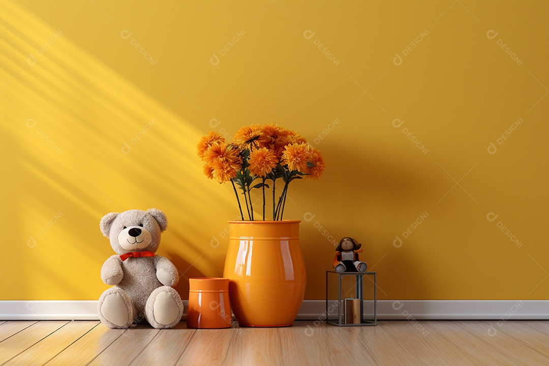 Interior minimalista moderno com brinquedos em um fundo amarelo