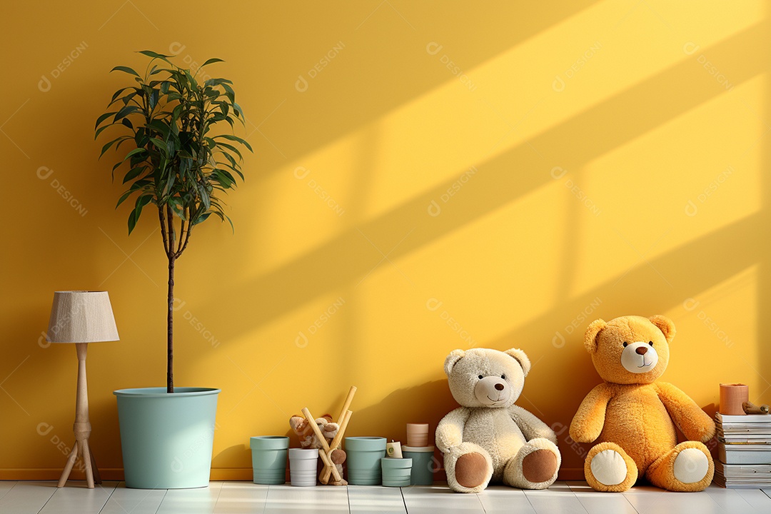 Interior minimalista moderno com brinquedos em um fundo amarelo