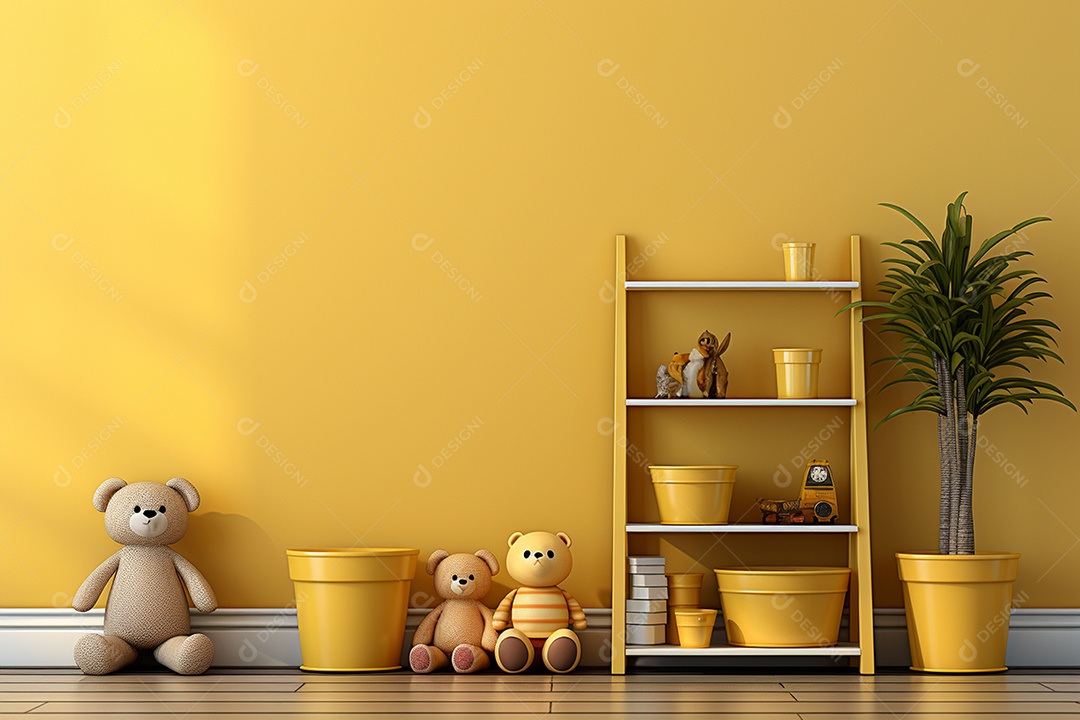 Interior minimalista moderno com brinquedos em um fundo amarelo