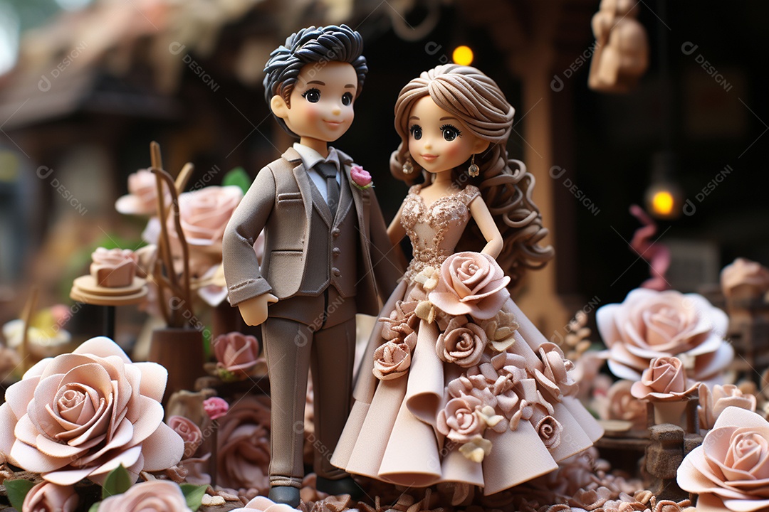 Casal de noivos em pé em miniatura