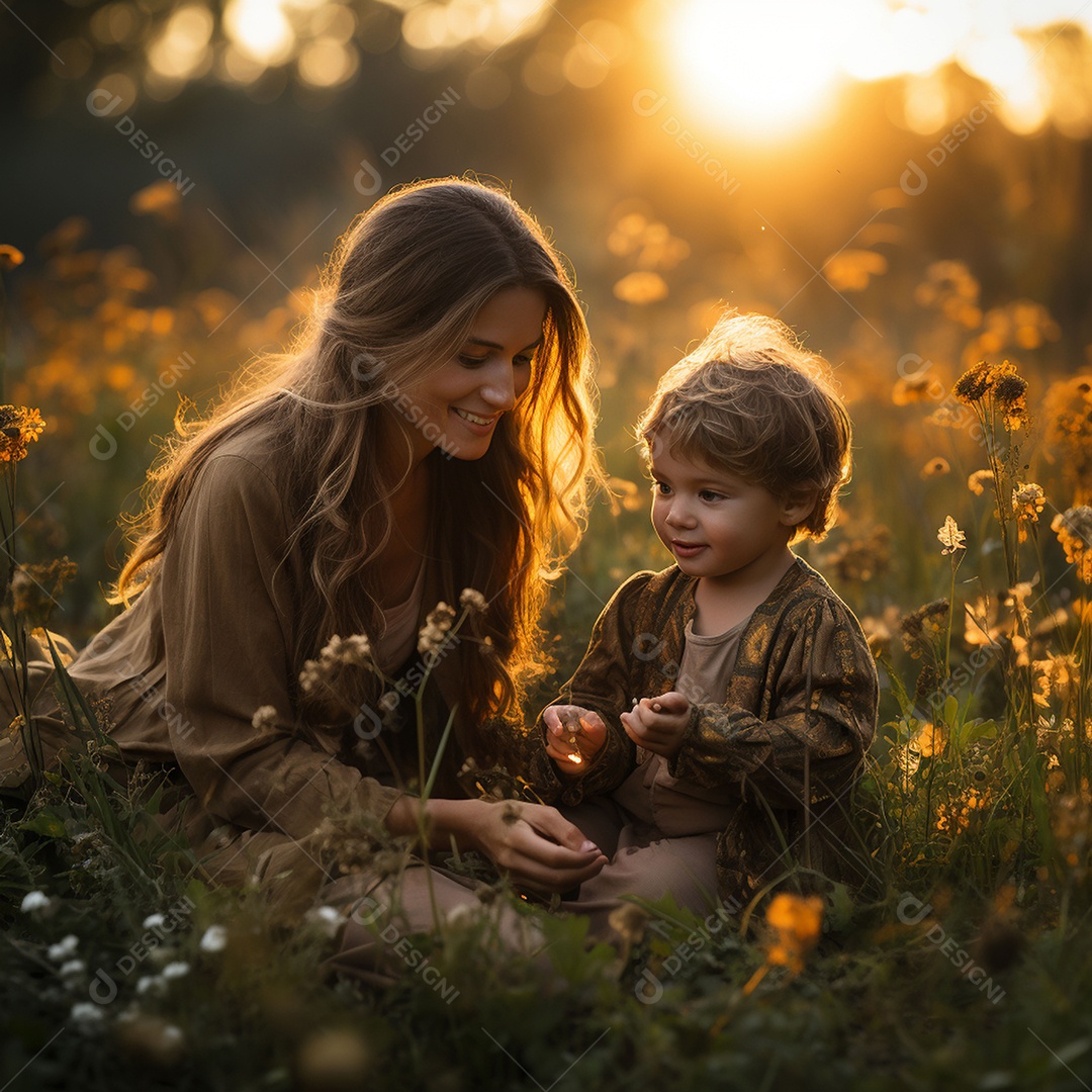 Mãe e criança adorável brincando na grama verde