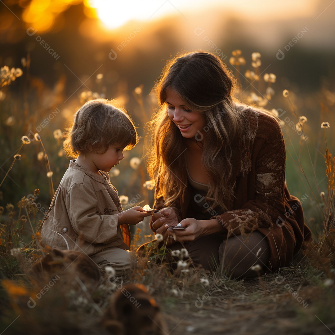 Mãe e criança adorável brincando na grama verde