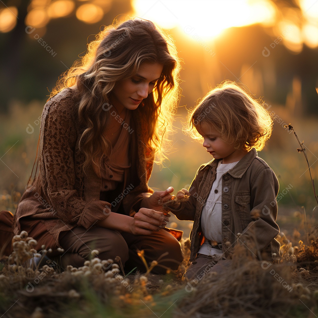 Mãe e criança adorável brincando na grama verde