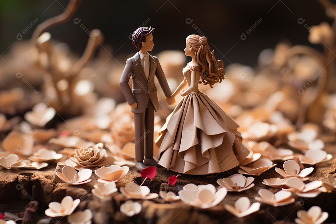 Casal de noivos em pé em miniatura