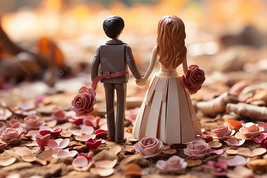 Casal de noivos em pé em miniatura