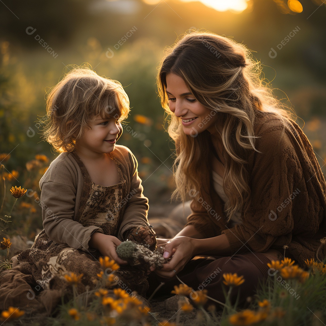 Mãe e criança adorável brincando na grama verde