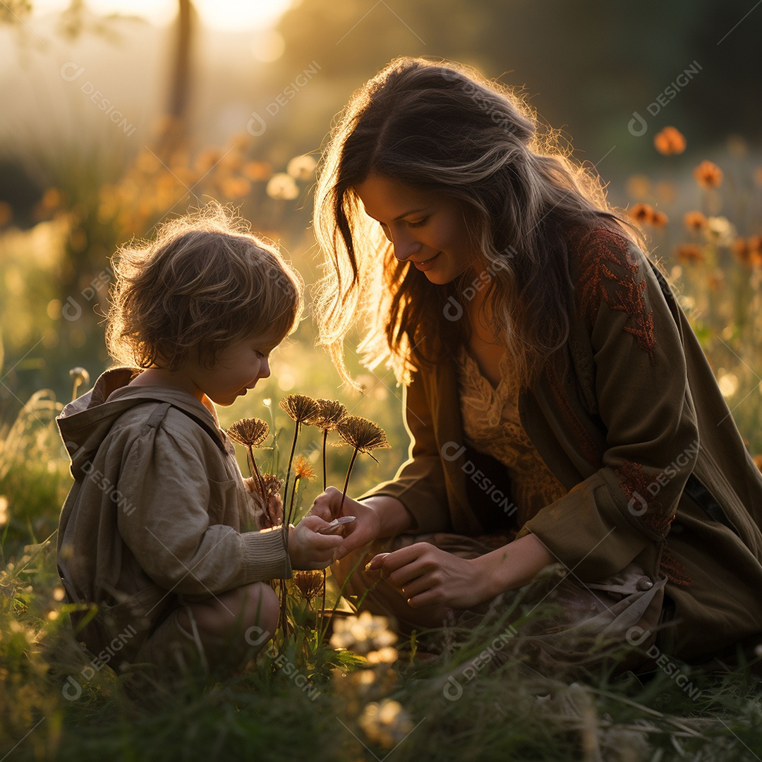 Mãe e criança adorável brincando na grama verde