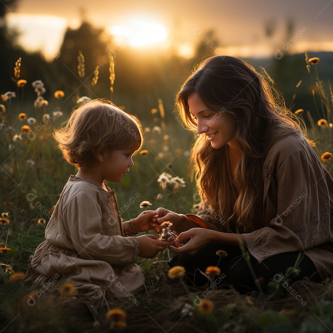 Mãe e criança adorável brincando na grama verde