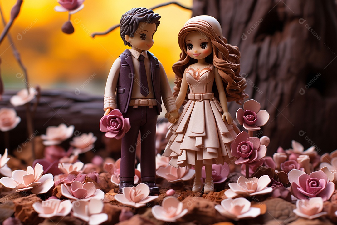 Casal de noivos em pé em miniatura