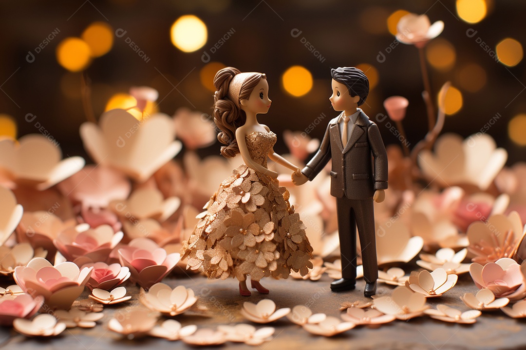 Casal de noivos em pé em miniatura