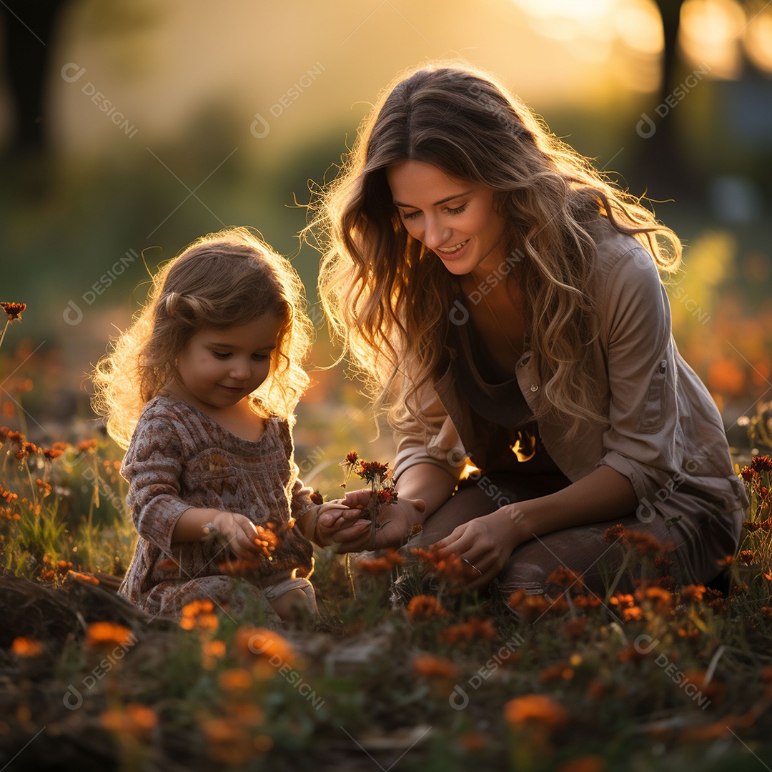 Mãe e criança adorável brincando na grama verde