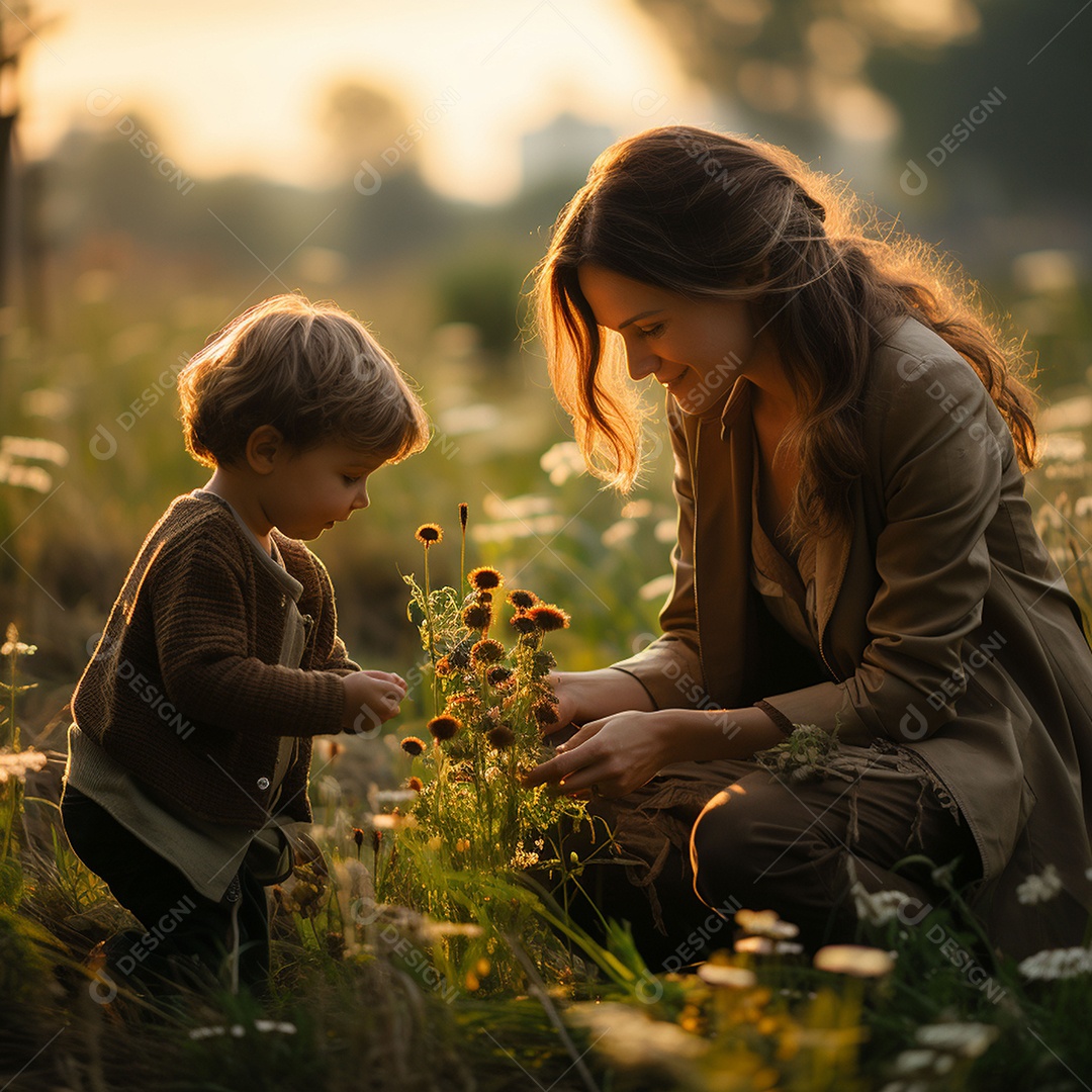 Mãe e criança adorável brincando na grama verde