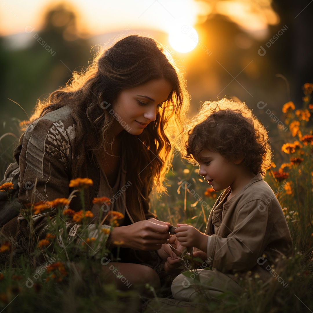 Mãe e criança adorável brincando na grama verde