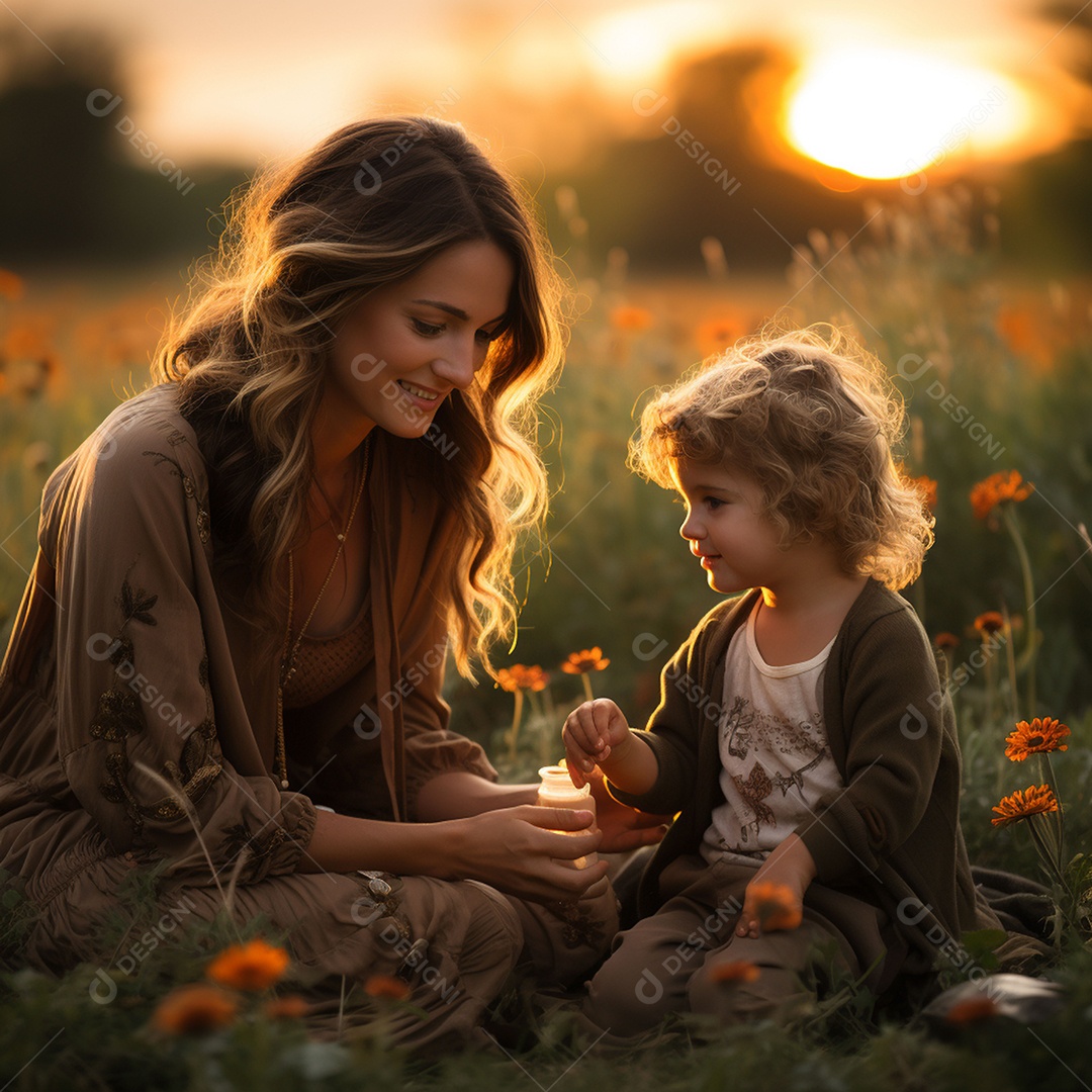 Mãe e criança adorável brincando na grama verde