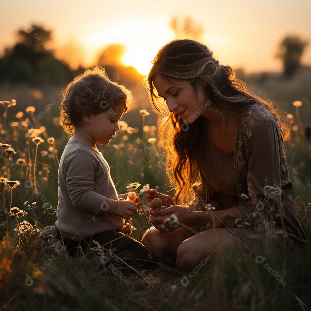 Mãe e criança adorável brincando na grama verde