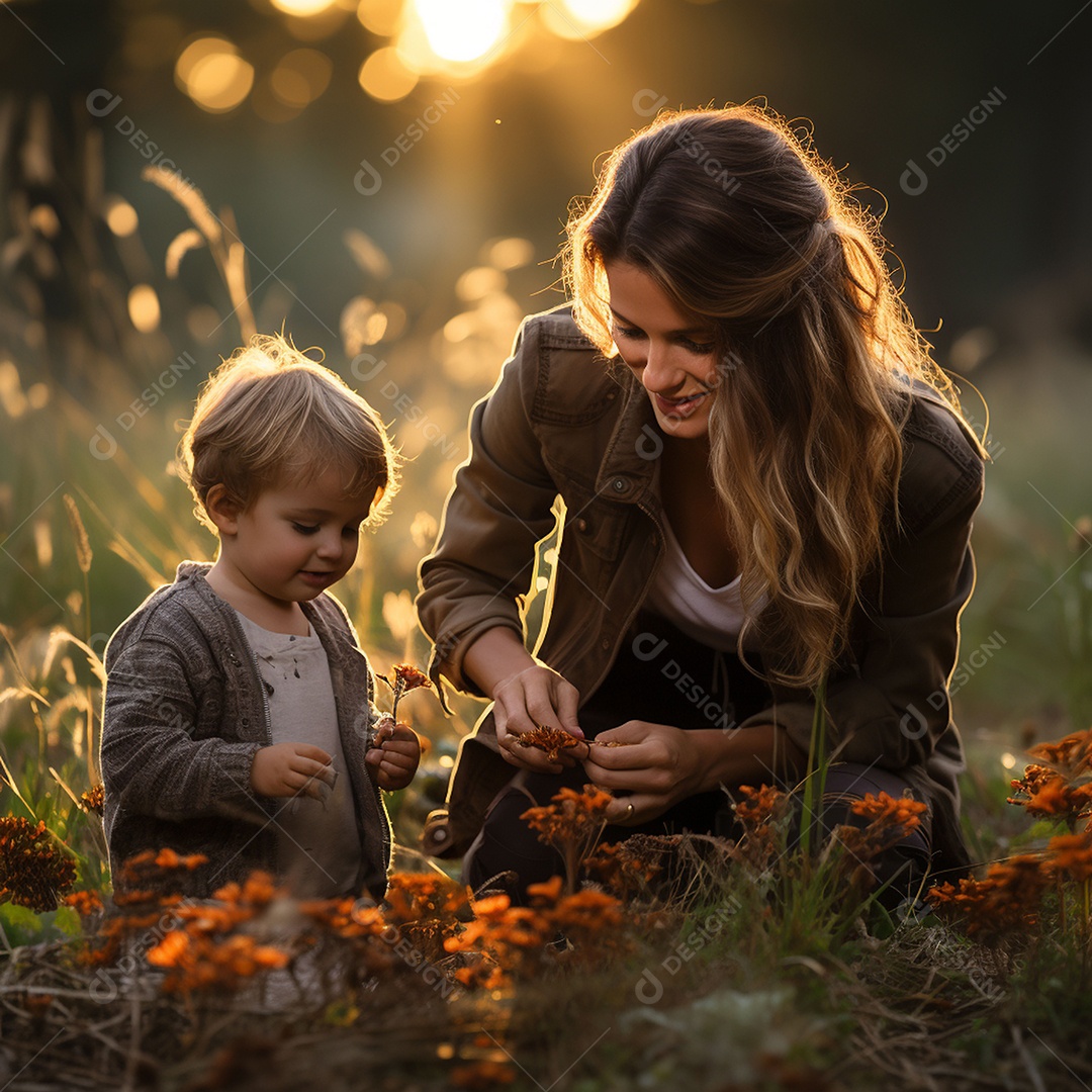 Mãe e criança adorável brincando na grama verde
