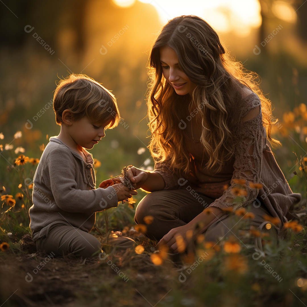 Mãe e criança adorável brincando na grama verde