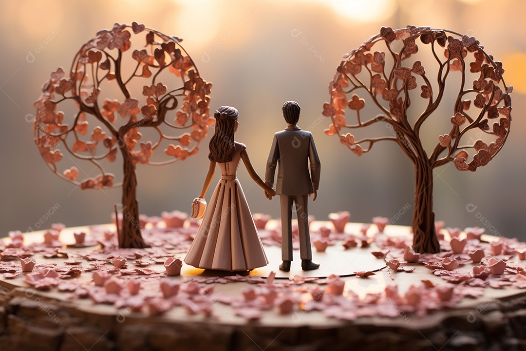 Casal de noivos em pé em miniatura