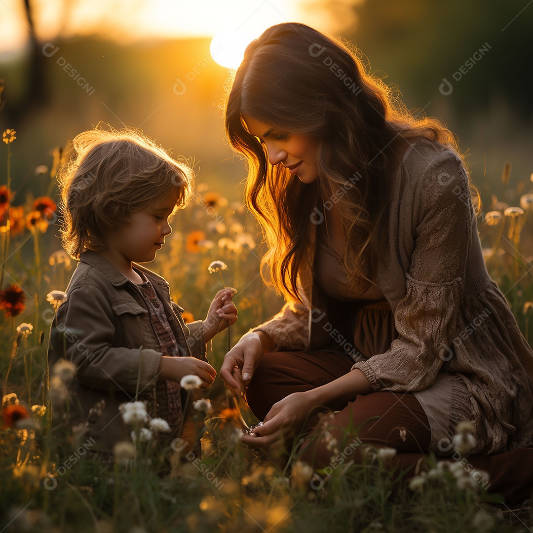 Mãe e criança adorável brincando na grama verde