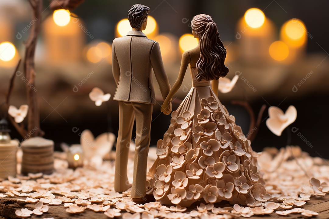 Casal de noivos em pé em miniatura