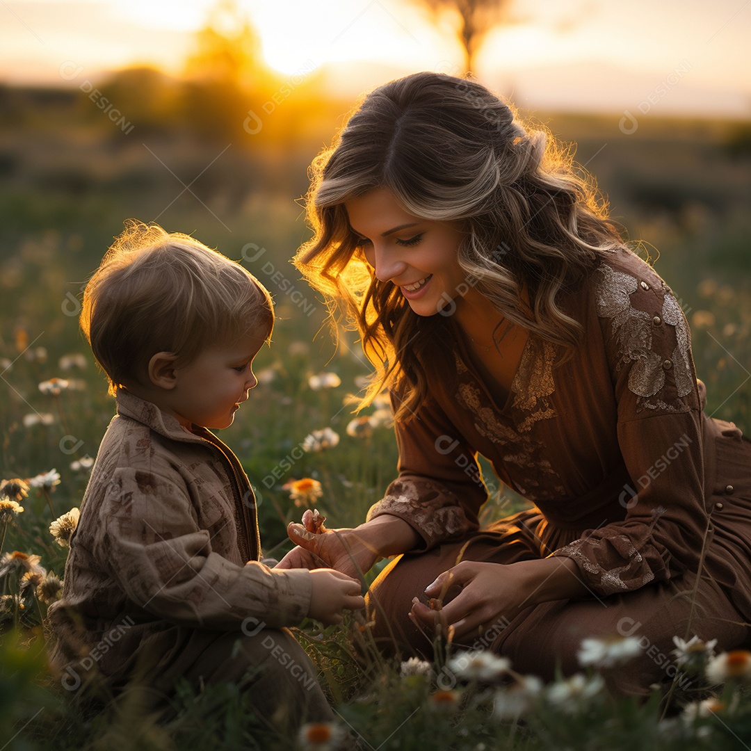 Mãe e criança adorável brincando na grama verde