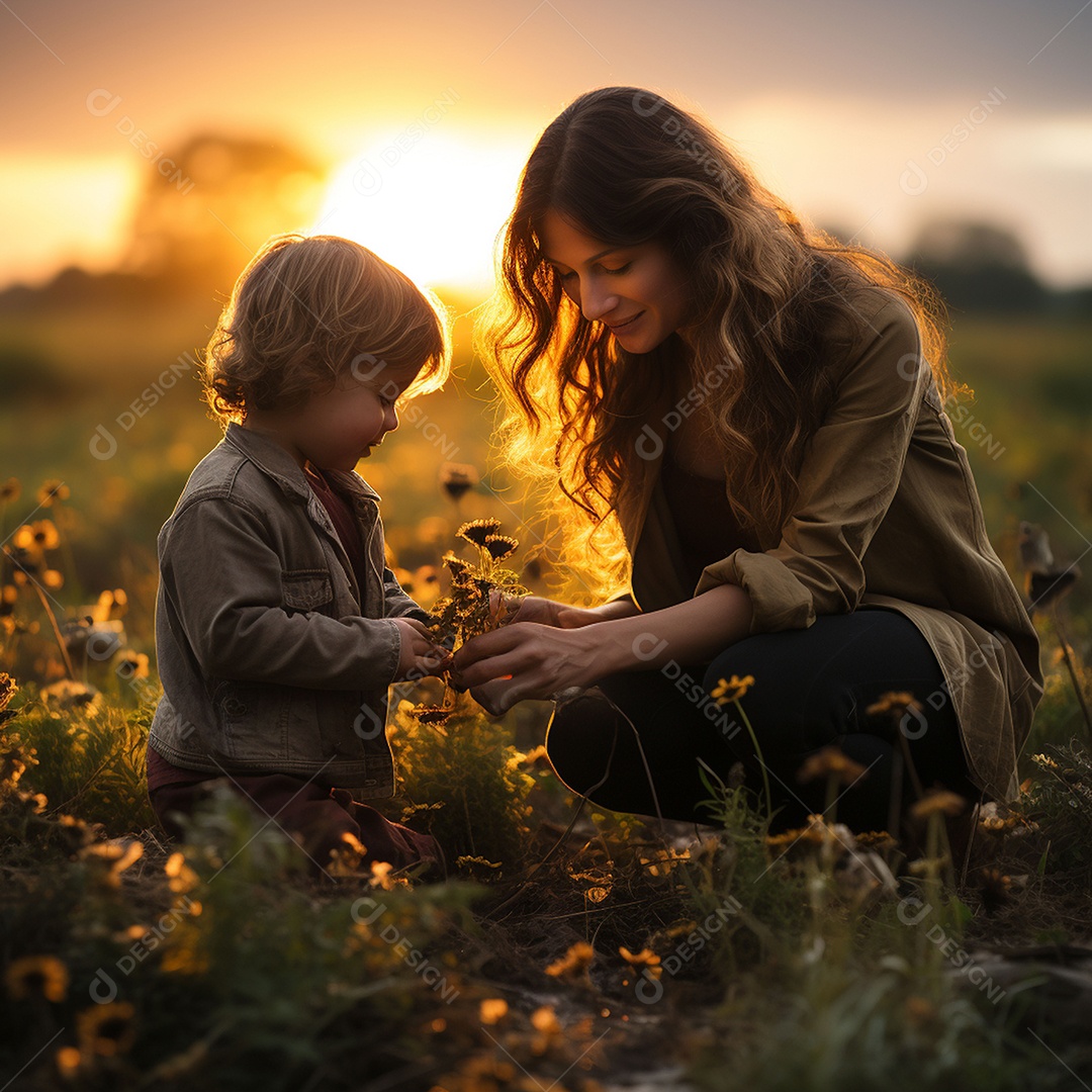 Mãe e criança adorável brincando na grama verde