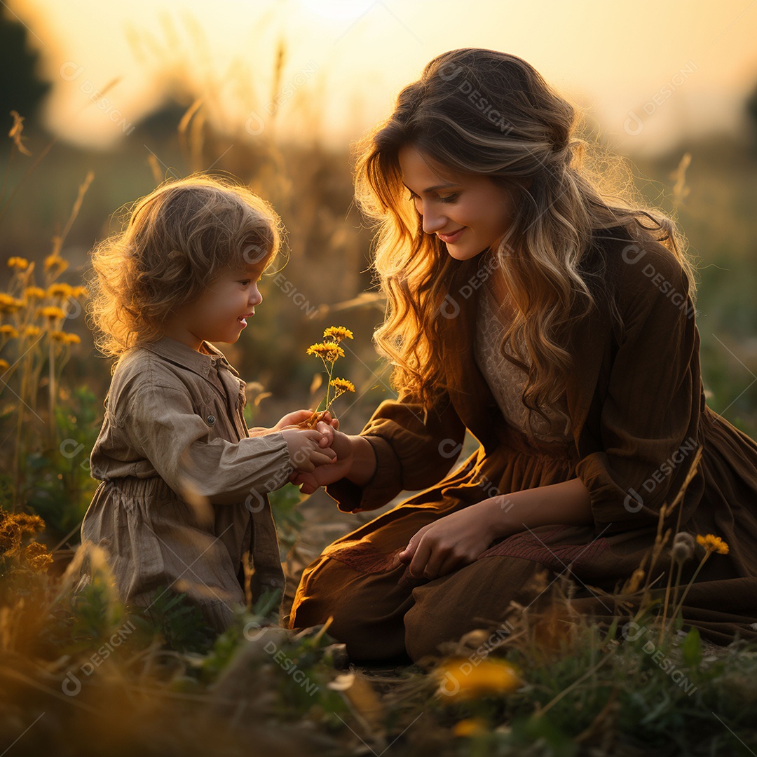 Mãe e criança adorável brincando na grama verde