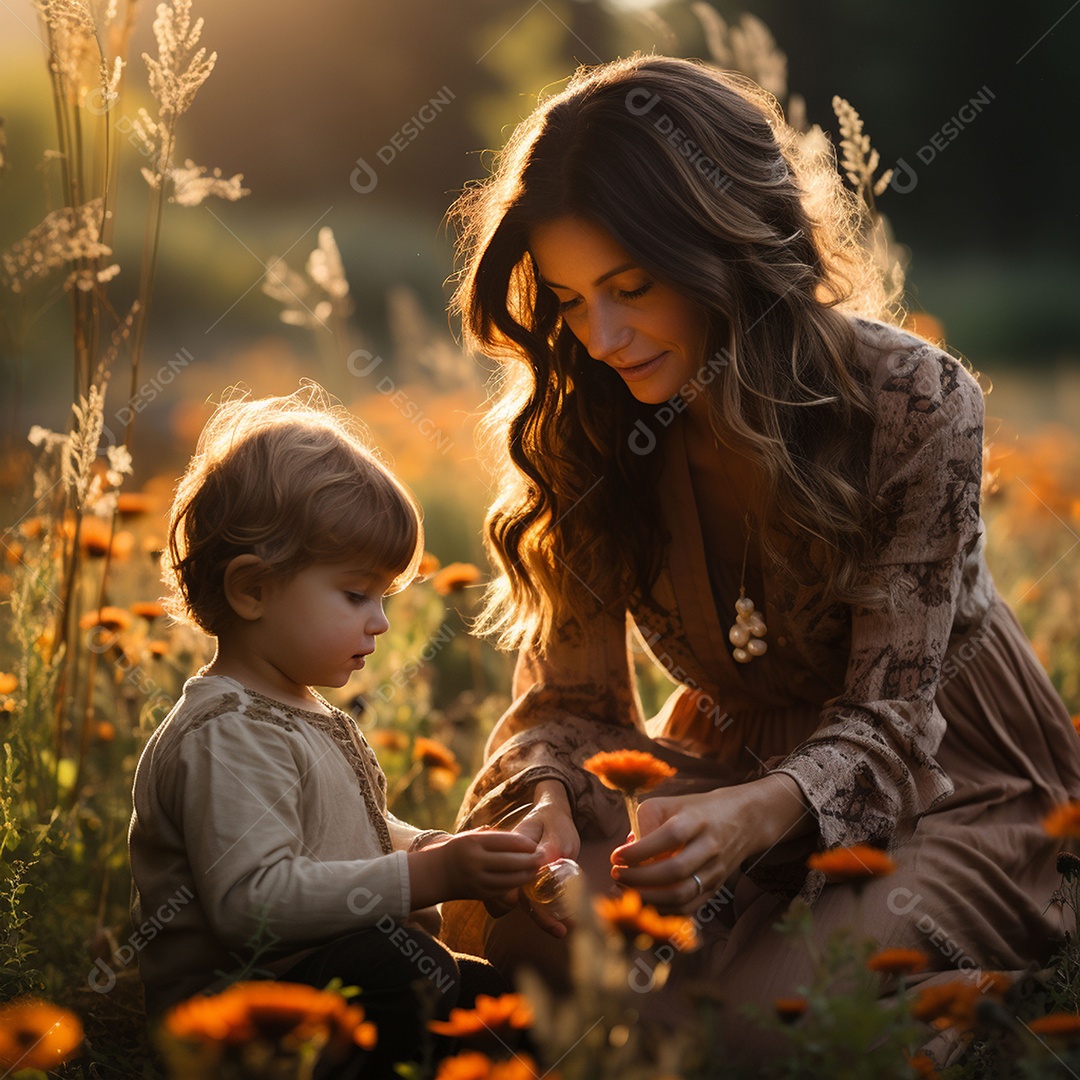 Mãe e criança adorável brincando na grama verde