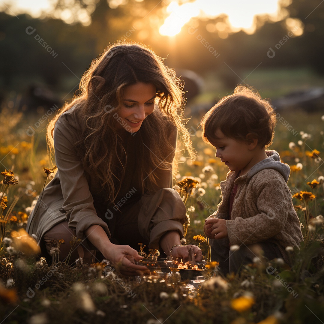 Mãe e criança adorável brincando na grama verde
