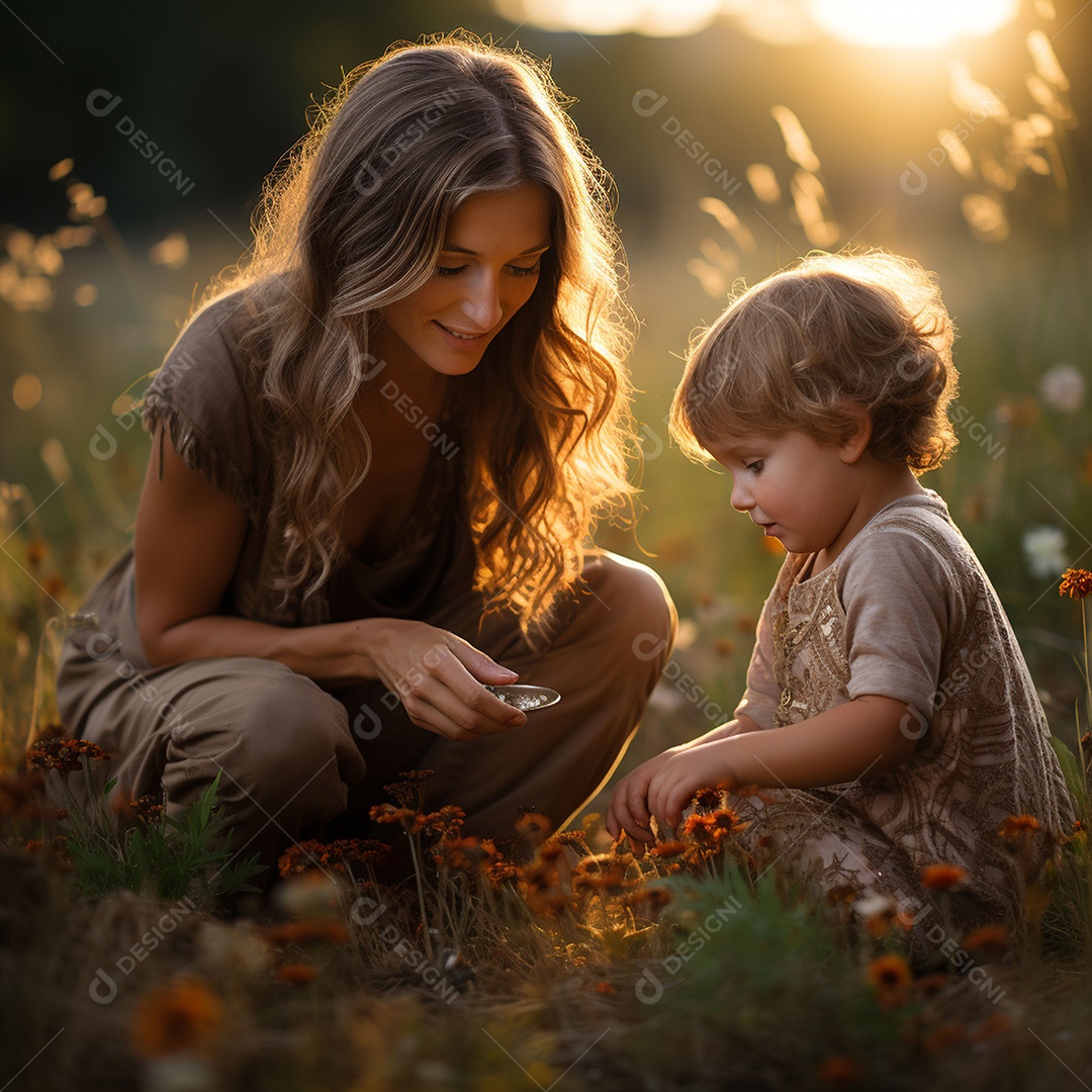 Mãe e criança adorável brincando na grama verde
