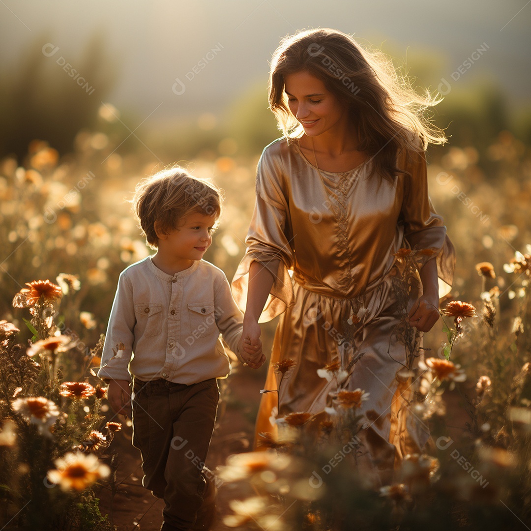Mãe e criança adorável brincando na grama verde
